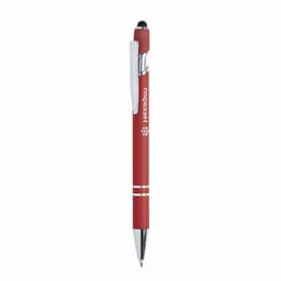 A red pen with a sleek design, featuring a chrome clip and accents, and a branding logo on the barrel.