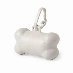 A bone-shaped pet accessory in a light grey colour, featuring a clip for easy attachment, with branding visible.