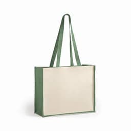 A tote bag featuring a green frame and cream-coloured body, with long green handles and no visible branding.