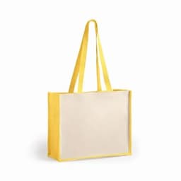 A yellow tote bag with long handles and a plain beige front panel. The bag has no visible logos or branding.