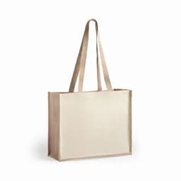 A tote bag in natural beige with long handles, featuring a plain, unembellished design and a sturdy structure.