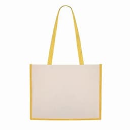 A tote bag featuring a transparent body and yellow straps, with a simple, sleek design.