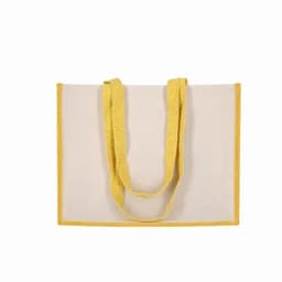 A tote bag in cream with yellow stitching and straps. The bag features a simple, minimalist design.