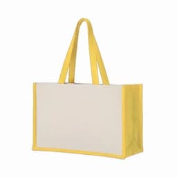 A beige bag with yellow handles and trim, featuring a simple design and a logo.