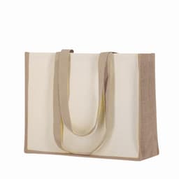 A tote bag featuring a cream and beige design with sturdy handles and an interior lining. It has a logo.
