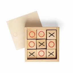 A wooden tic-tac-toe game set with red circles and black crosses, housed in a square box with a lid.