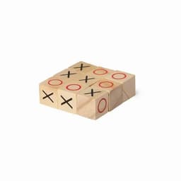 A wooden tic-tac-toe game with red circles and black crosses on square blocks, arranged on a surface.