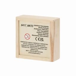 A wooden box with a smooth finish, featuring safety warnings and a logo on one side.