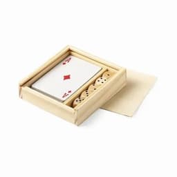A wooden box containing a deck of playing cards and several dice, featuring a red diamond design on the card.