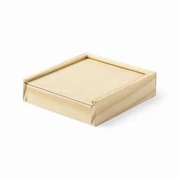 A wooden box with a square shape and a natural finish, featuring a sliding lid. It has no visible branding.