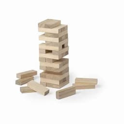 A stack of wooden blocks in natural tones with several blocks scattered on the ground around it.