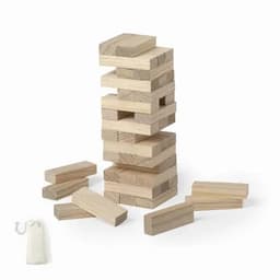 A wooden stacking game with rectangular blocks stacked in a tower and loose blocks surrounding it, along with a storage bag.