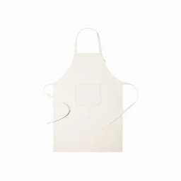 A cream-coloured apron with a front pocket and adjustable ties. The apron features a logo in one corner.
