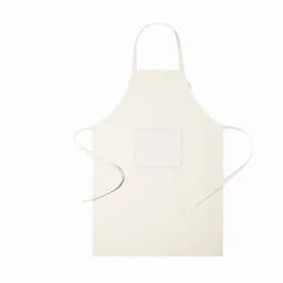 A cream-coloured apron featuring a front pocket and long ties for fastening. It has a simple, plain design.