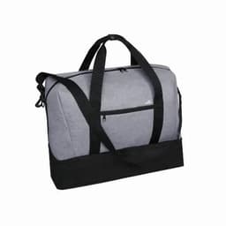 A grey duffel bag with black accents, featuring double handles and a front zip pocket.