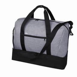 A grey and black duffle bag with multiple compartments and sturdy handles, featuring a logo.