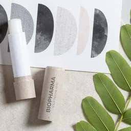 A lip balm in a natural-toned paper tube, placed beside circular art prints and green leaves.