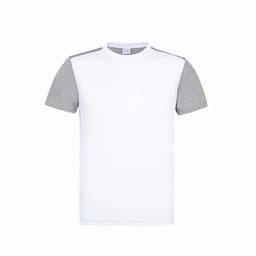 A T-shirt featuring a white body with grey sleeves and a logo on the front.