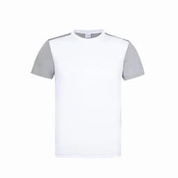 A short-sleeved T-shirt featuring a white body with grey sleeves and a logo on the chest area.