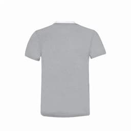 A grey short-sleeved T-shirt with a white collar, featuring a logo on the back.