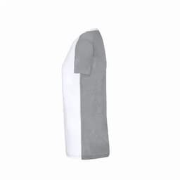 A T-shirt with a grey sleeve and white body, featuring a simple design and a branding logo.