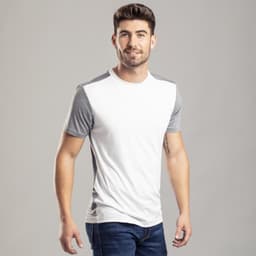 A casual T-shirt in white with grey sleeves, displayed by a smiling male model. The product features a logo.