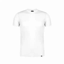 A plain white T-shirt featuring a crew neck and short sleeves, with a small logo at the bottom.