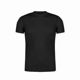 A black short-sleeved t-shirt with a round neckline and a minimalistic design, featuring a logo.