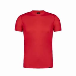 A red short-sleeved T-shirt with a round neckline and a label on the inside.