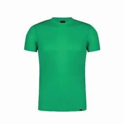A green T-shirt with a round neckline and short sleeves, featuring a logo at the collar.