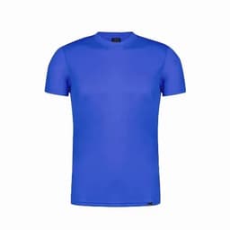 A blue short-sleeved t-shirt with a round neckline and a logo on the label.