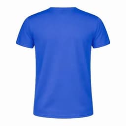 A blue adult T-shirt with a standard crew neck design, featuring a logo on the back.