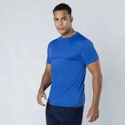 A blue short-sleeved T-shirt on a model, featuring a logo on the side.