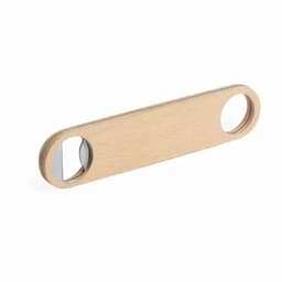 A bottle opener in a sleek wooden design with two circular openings. The product features a simple, natural finish.