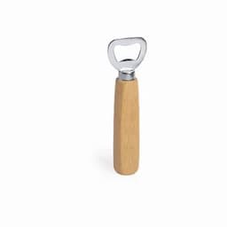 A bottle opener with a stainless steel head and a wooden handle, featuring a simple, ergonomic design.