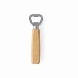 A bottle opener with a wooden handle and a metal opener. It has a simple and classic design.