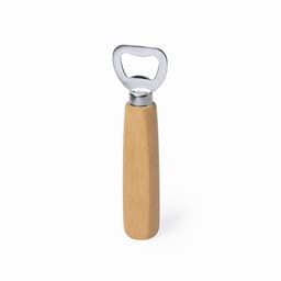 A bottle opener with a wooden handle and a metal opening mechanism, showcasing a simple and functional design.
