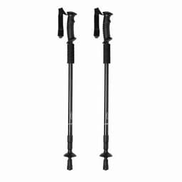 A pair of black trekking poles with ergonomic grips and adjustable straps. They feature a sleek, sturdy design.