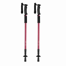 A pair of red hiking poles with black grips and straps, featuring adjustable length and rubber tips.