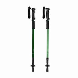 Two green trekking poles with black grips and straps, featuring rubber tips for traction.