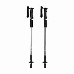 A pair of trekking poles with black grips and adjustable metal shafts, featuring rubber tips and straps.
