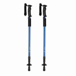 Two trekking poles with black grips and blue shafts, featuring adjustable wrist straps and rubber tips.