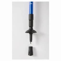 A blue trekking pole with a rubber grip and a removable tip. It features a black circular base and a pointed end.