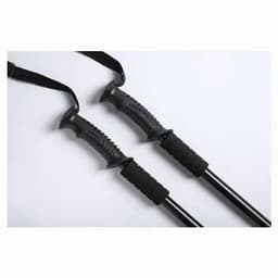 A pair of hiking poles with black grips and straps, featuring a sleek, sturdy design.
