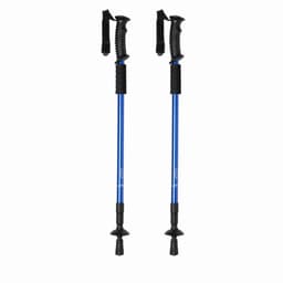 A pair of blue trekking poles with black grips and straps, featuring adjustable lengths and rubber tips.