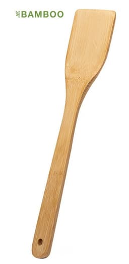A bamboo spatula with a flat head and a long handle, showcasing a natural wood finish.