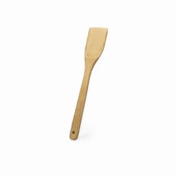 A wooden spatula with a flat head and long handle, showcasing a natural bamboo finish.