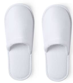 A pair of white, soft slippers with open toes and a simple design, featuring a smooth texture.