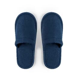 A pair of dark blue slippers with a soft texture and open toe design.