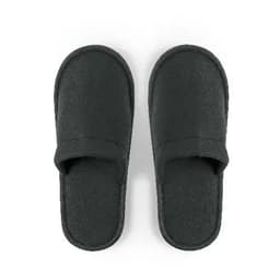 A pair of black slippers with a soft fabric finish, featuring an open toe and slip-on design.